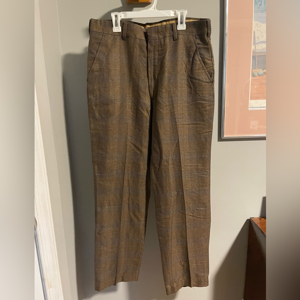 Mr. Levis Sta-Prest Polyester Slacks 33 32 Vintage 1970s Brown Plaid